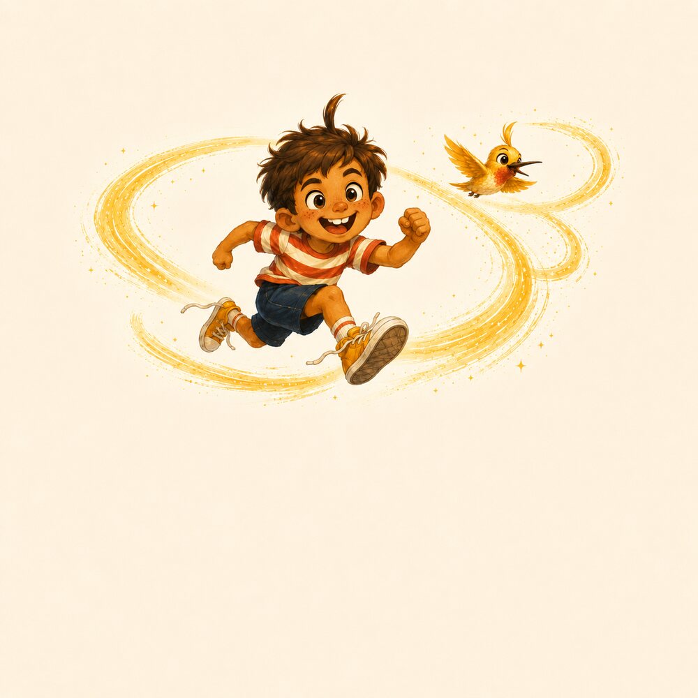 Finn Can't Sit Still book cover — Finn leaping with Zip the golden hummingbird and a trail of gold