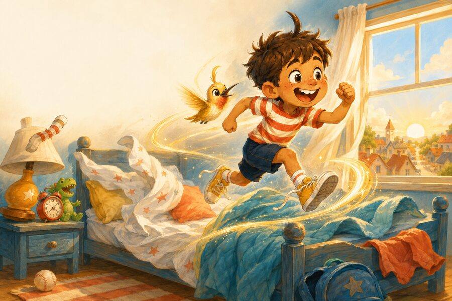 Finn leaping out of bed at sunrise with Zip