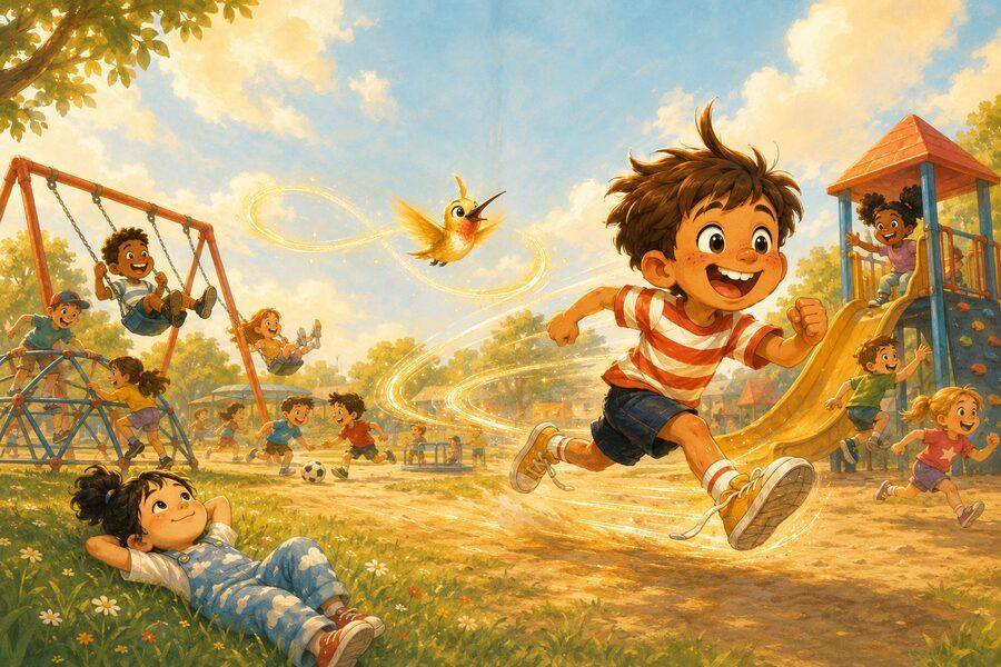 Finn running full-speed at recess with Zip looping behind