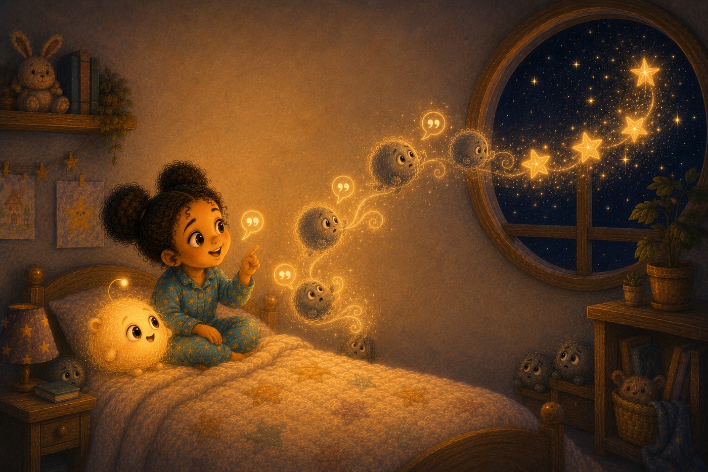 Mira and Lumo sending worries into the night sky to become stars