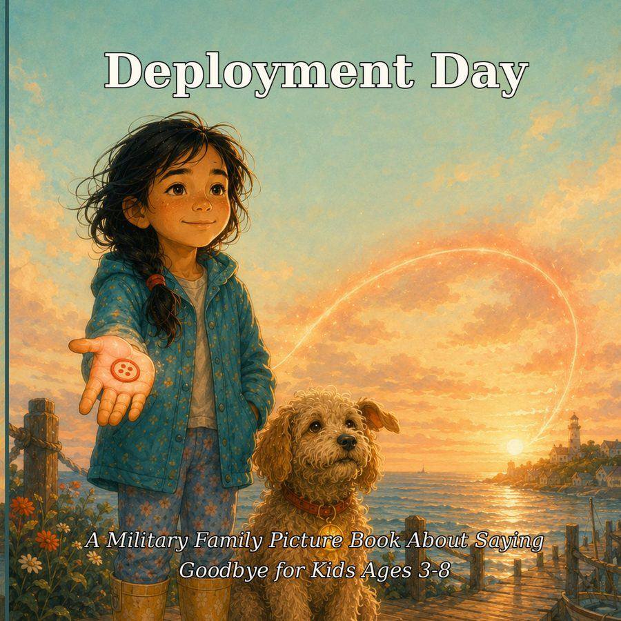 Deployment Day book cover — Wren holding out a small red button at golden hour, Scout beside her, a lighthouse on the point behind them