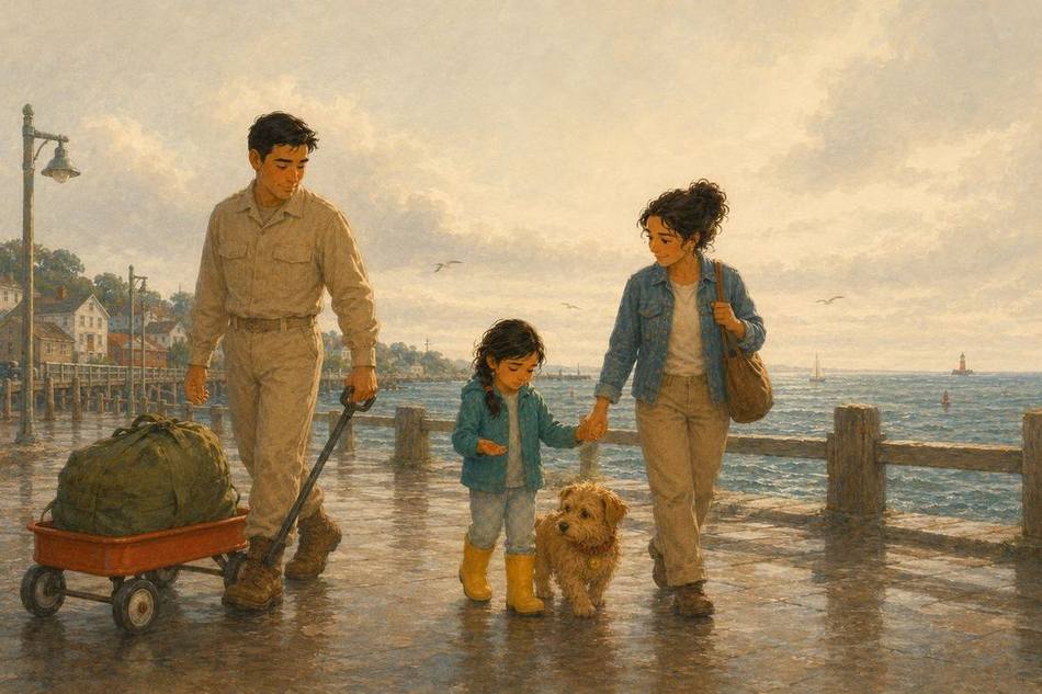 Wren and her family walking the pier with the red wagon on Deployment Day