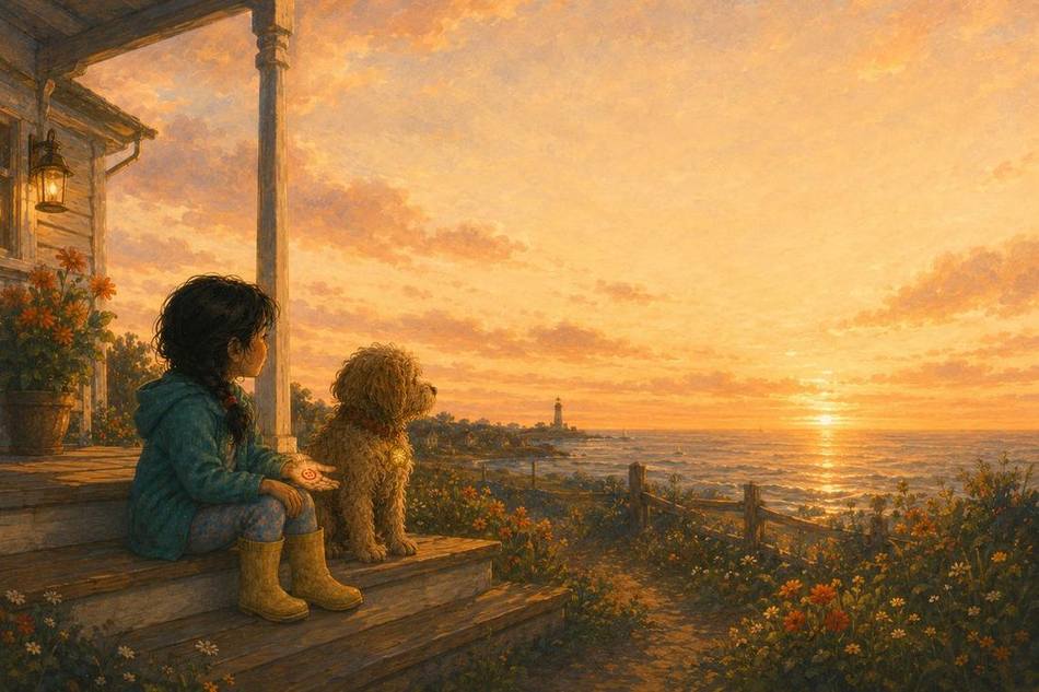 Wren and Scout on the porch at sunset, the lighthouse glowing on the point
